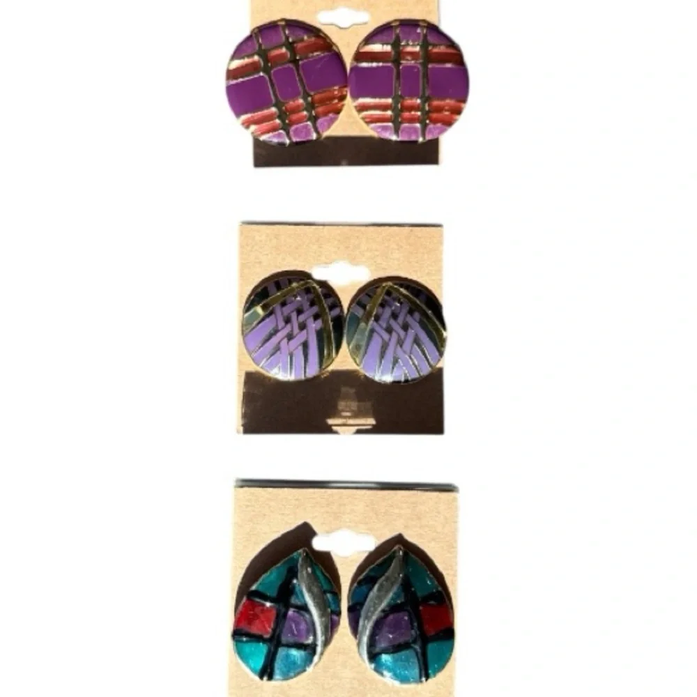 Lot of 3 Vintage 80s Enamel Metal Pierced Earrings Includes 1 Pair by Dani